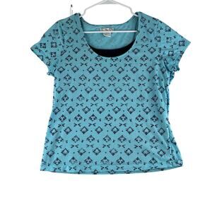 Vintage Fu Da Y2K Tee Top Women's Large Blue Baroque Layer Lined 90's Cap Sleeve